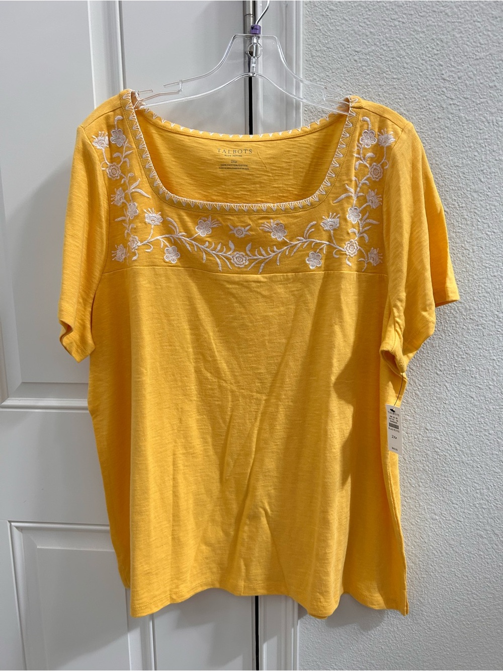 Talbots Yellow Square-Neck Tee with White Floral Embroidery